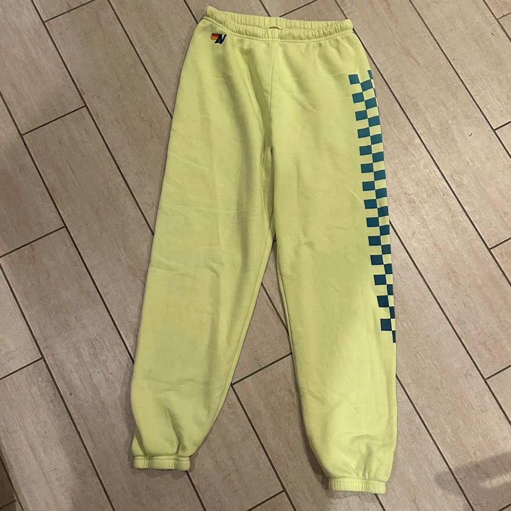 EUC, Aviator Nation unisex yellow with blue checkered sweatpants, expired style